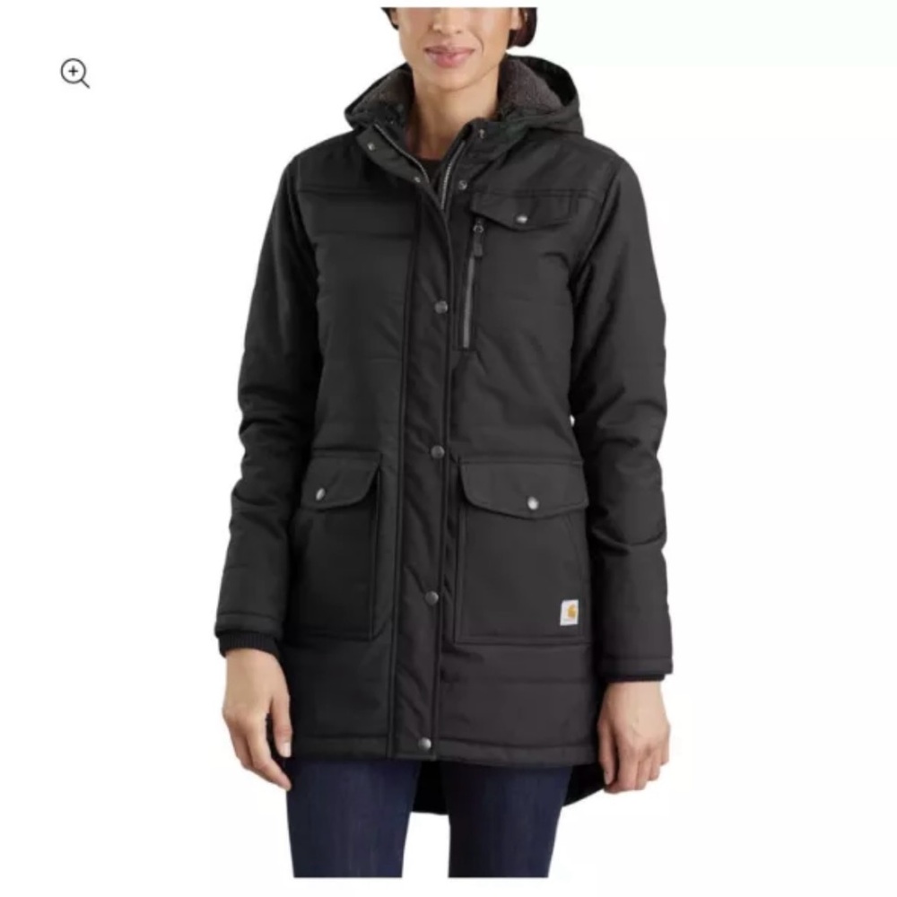 Black carhartt sherpa long puffer coat size 4/6 women’s